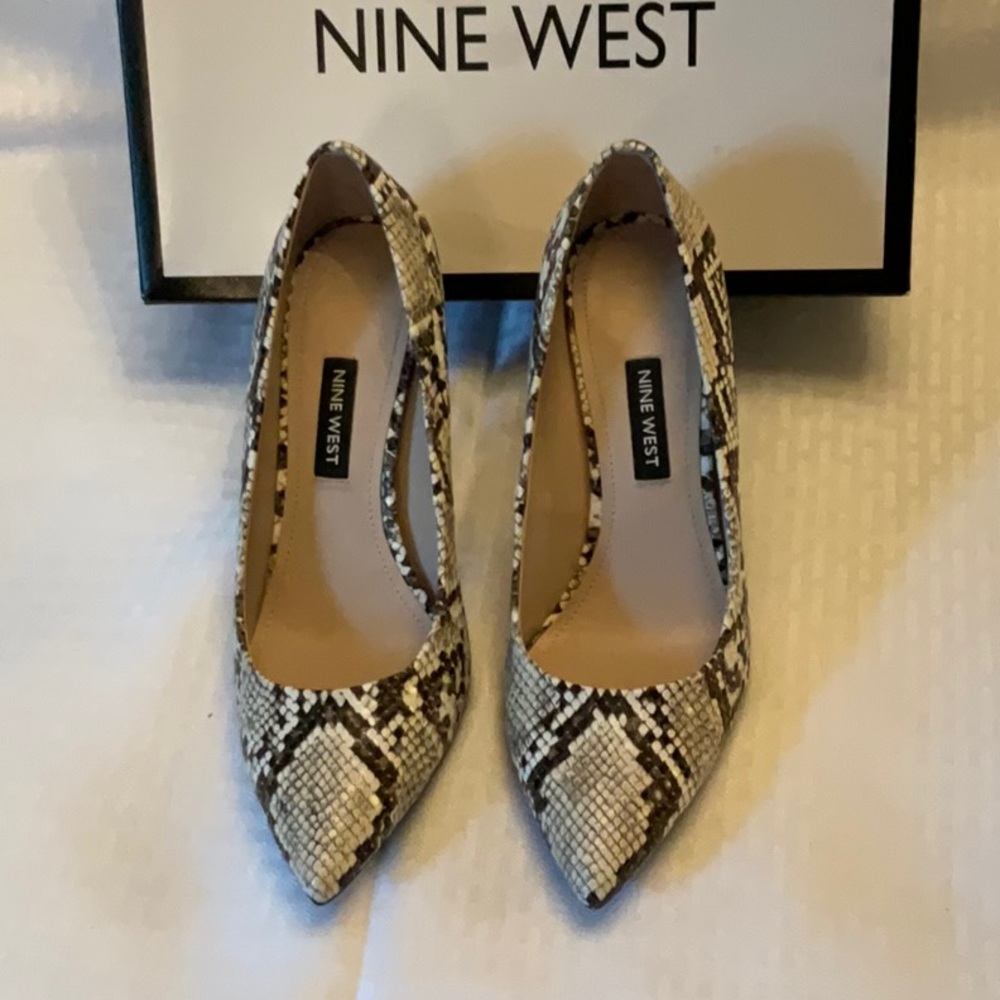 Nine West Snake-Print Pointed Pumps in Brown and Cream